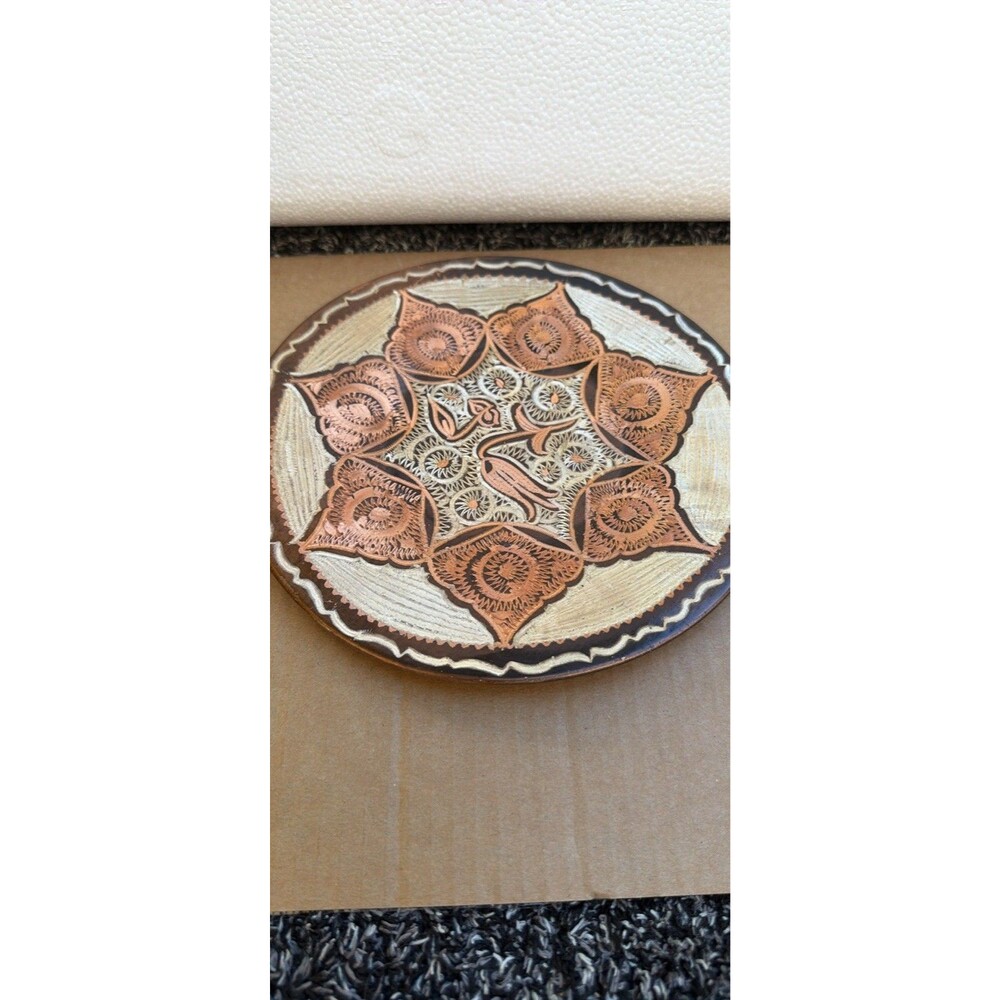 Vintage Hand Hatched Turkish Hopper Decorative Plate With Floral Motif